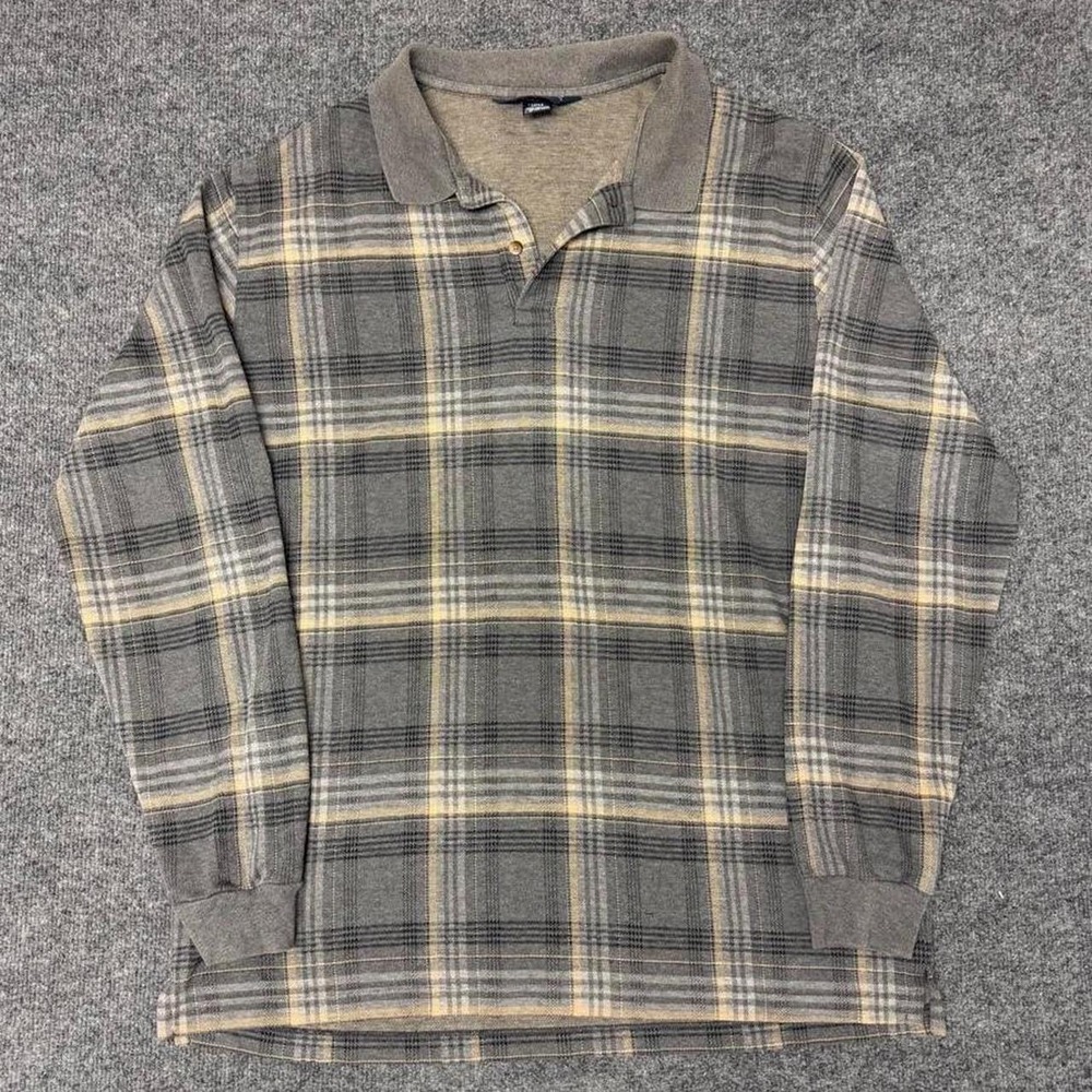 Vintage Lands End Plaid Long Sleeve Polo Shirt Mens XL Grey Brown Made in USA